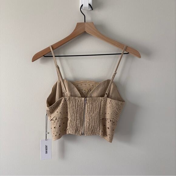 Jason Wu Linen Blend Eyelet Adjustable Spaghetti Strap Crop Top zip back tiered - Picture 2 of 12